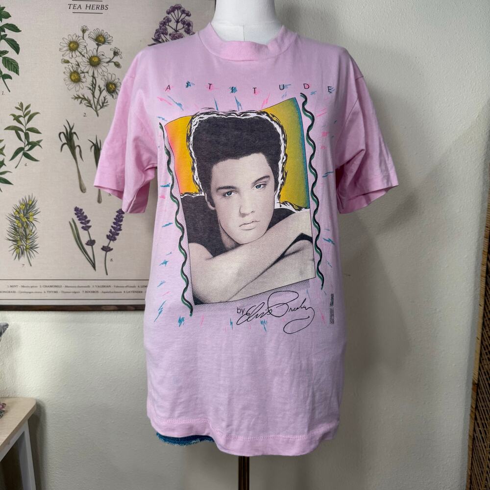 Vintage 90s Pink Elvis Presley Atitude Single Stitch T-Shirt Tee Retro USA L - Picture 2 of 7